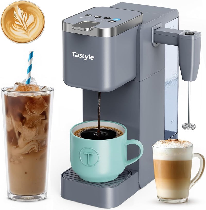 Tastyle Single Serve Coffee Maker with Built-in Detachable Milk Frother, Iced and Hot Coffee Machine for K Cup & Grounds, 40oz Removable Water Reservoir, 6 Cup Sizes, Fits 7.3" Travel Mug, Gray - Image 1